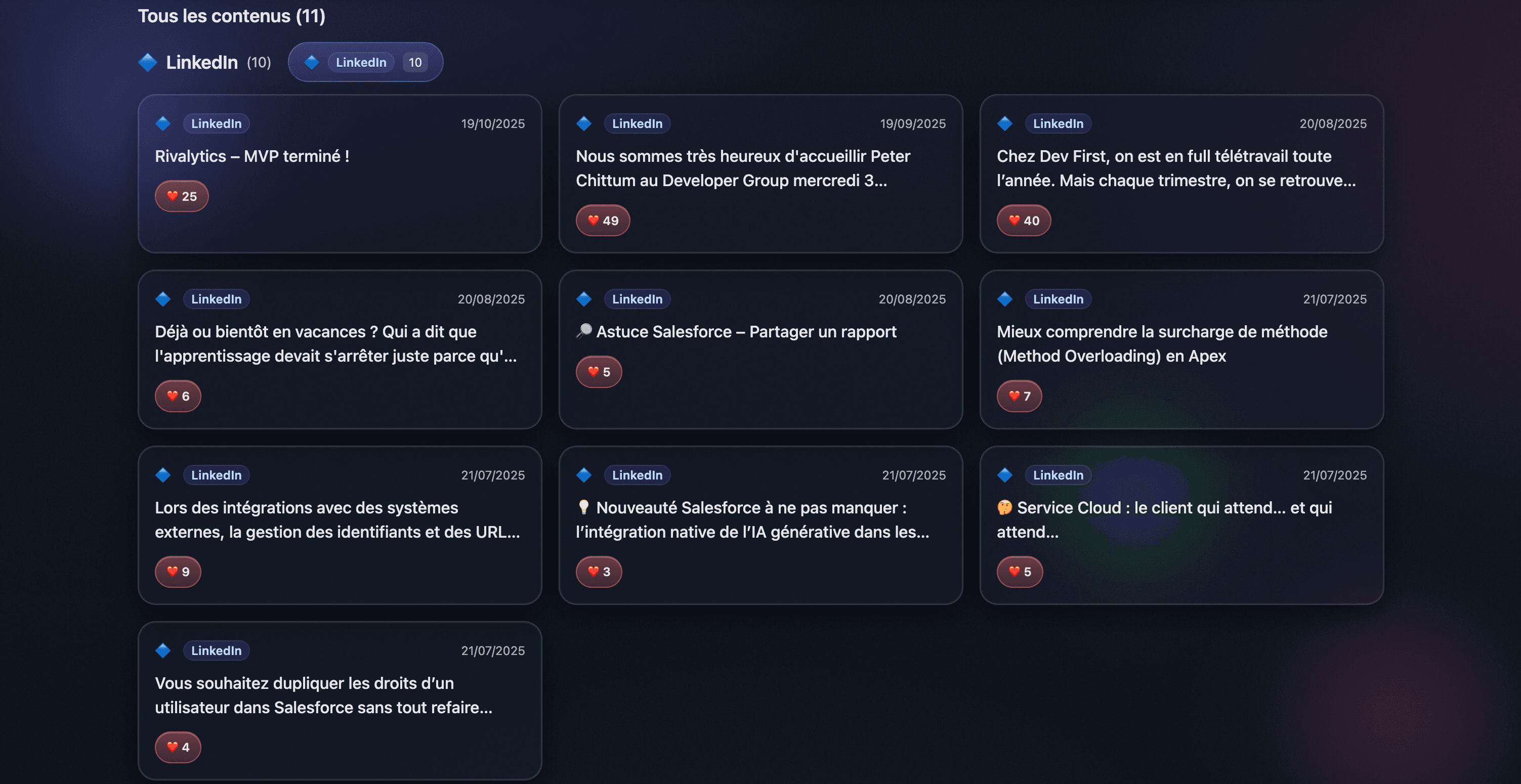 Contenus publiés – Historique LinkedIn